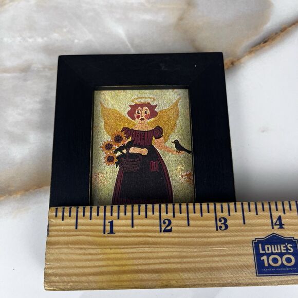 Vintage Folk Art 2 Miniature Painting Signed Annie B Giblin Angel Crow Sunflower - Picture 8 of 13